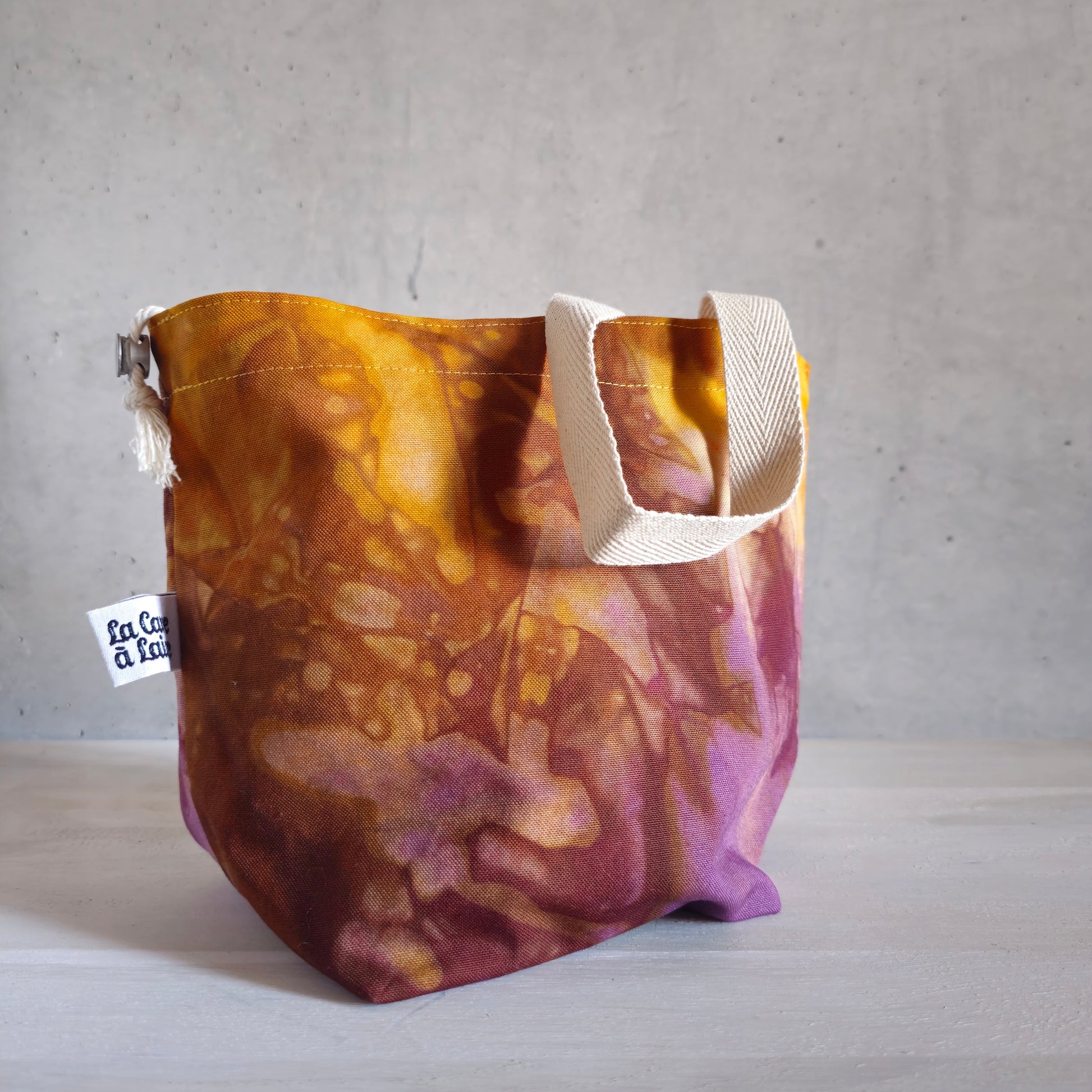 Medium Drawstring Project Bag - Hand dyed, Yellow & Purple-La Cave à Laine