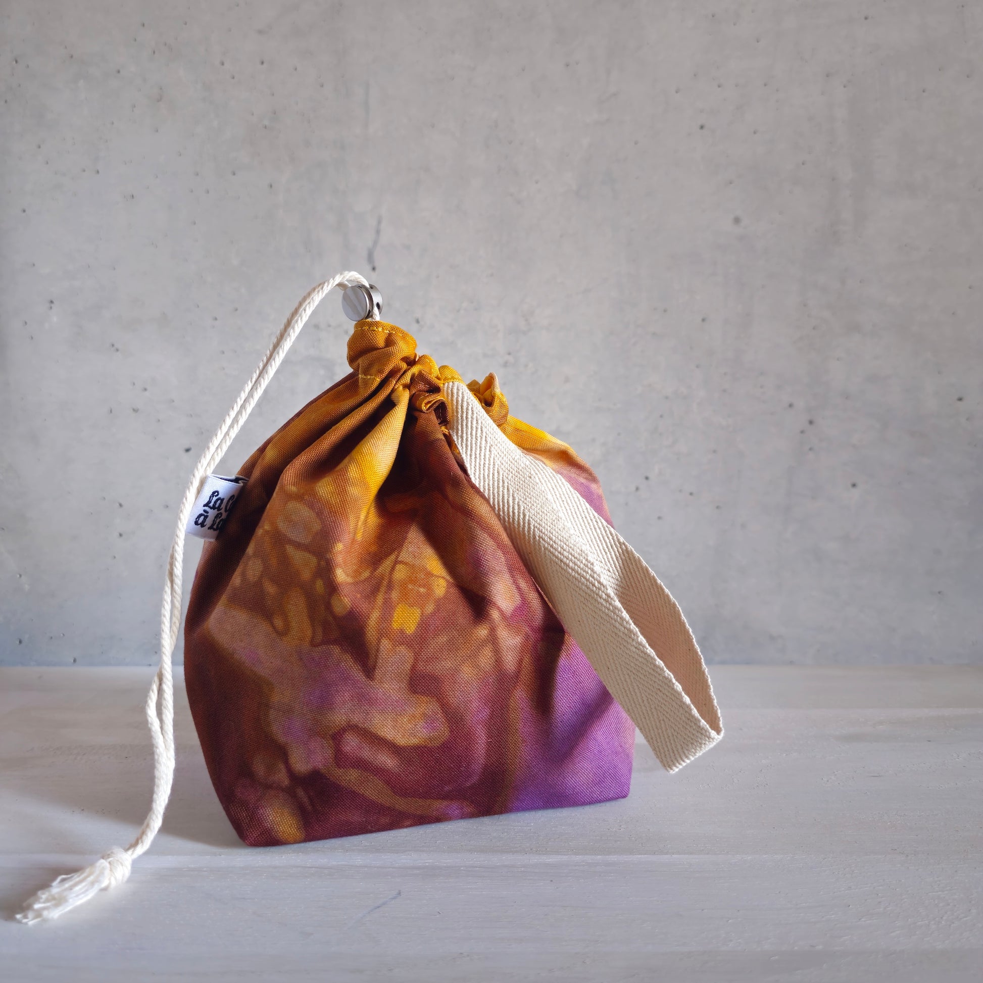 Medium Drawstring Project Bag - Hand dyed, Yellow & Purple-La Cave à Laine