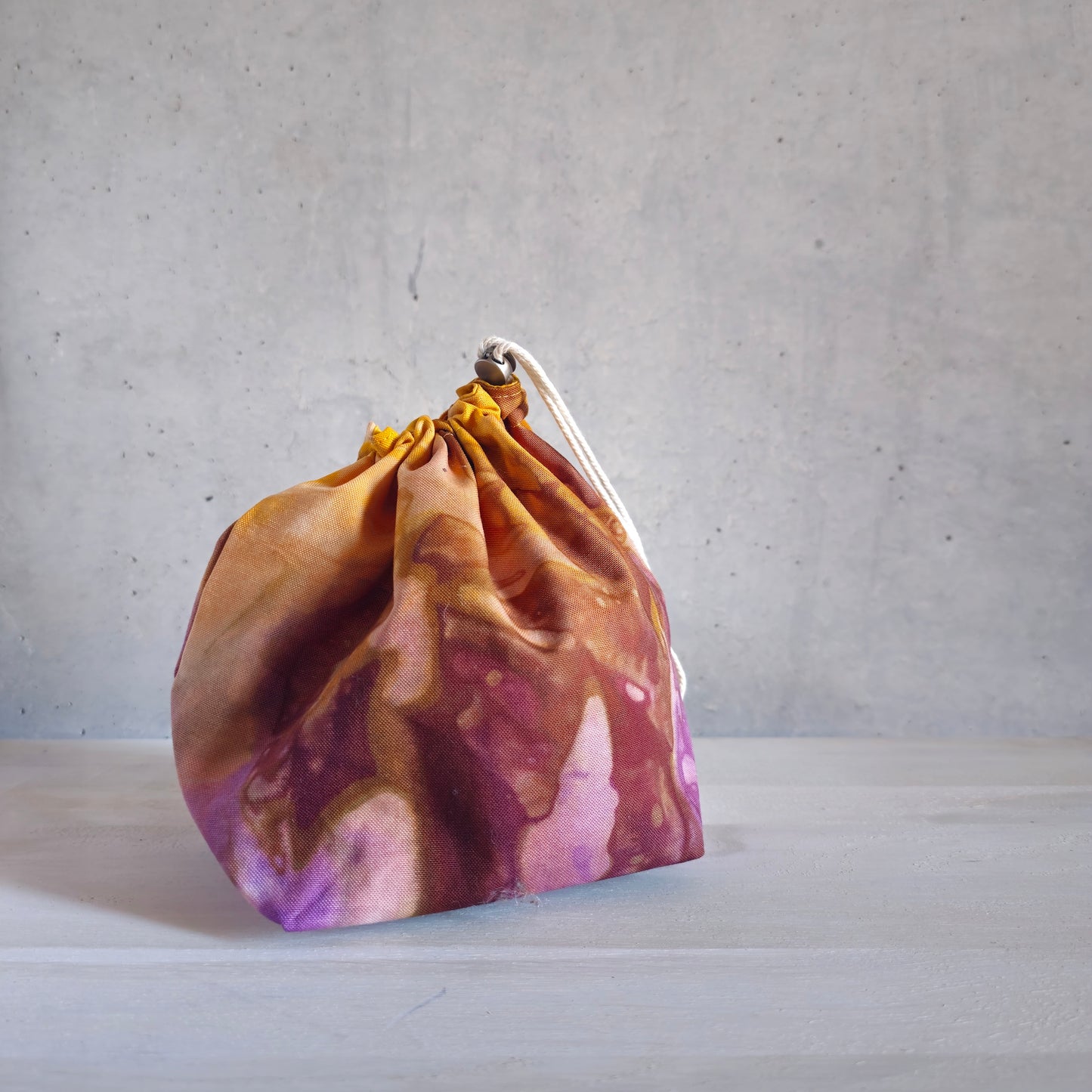 Medium Drawstring Project Bag - Hand dyed, Yellow & Purple-La Cave à Laine