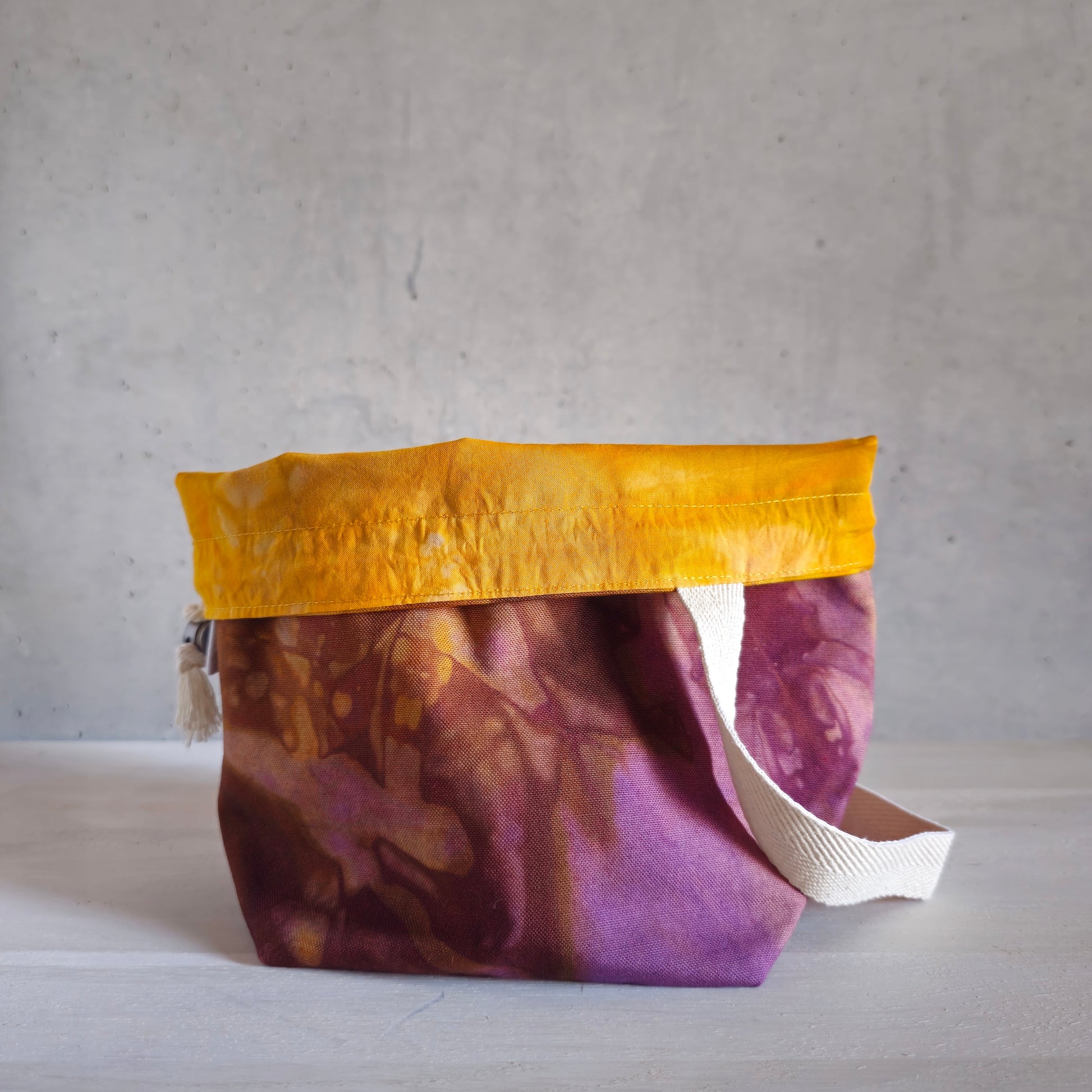 Medium Drawstring Project Bag - Hand dyed, Yellow & Purple-La Cave à Laine