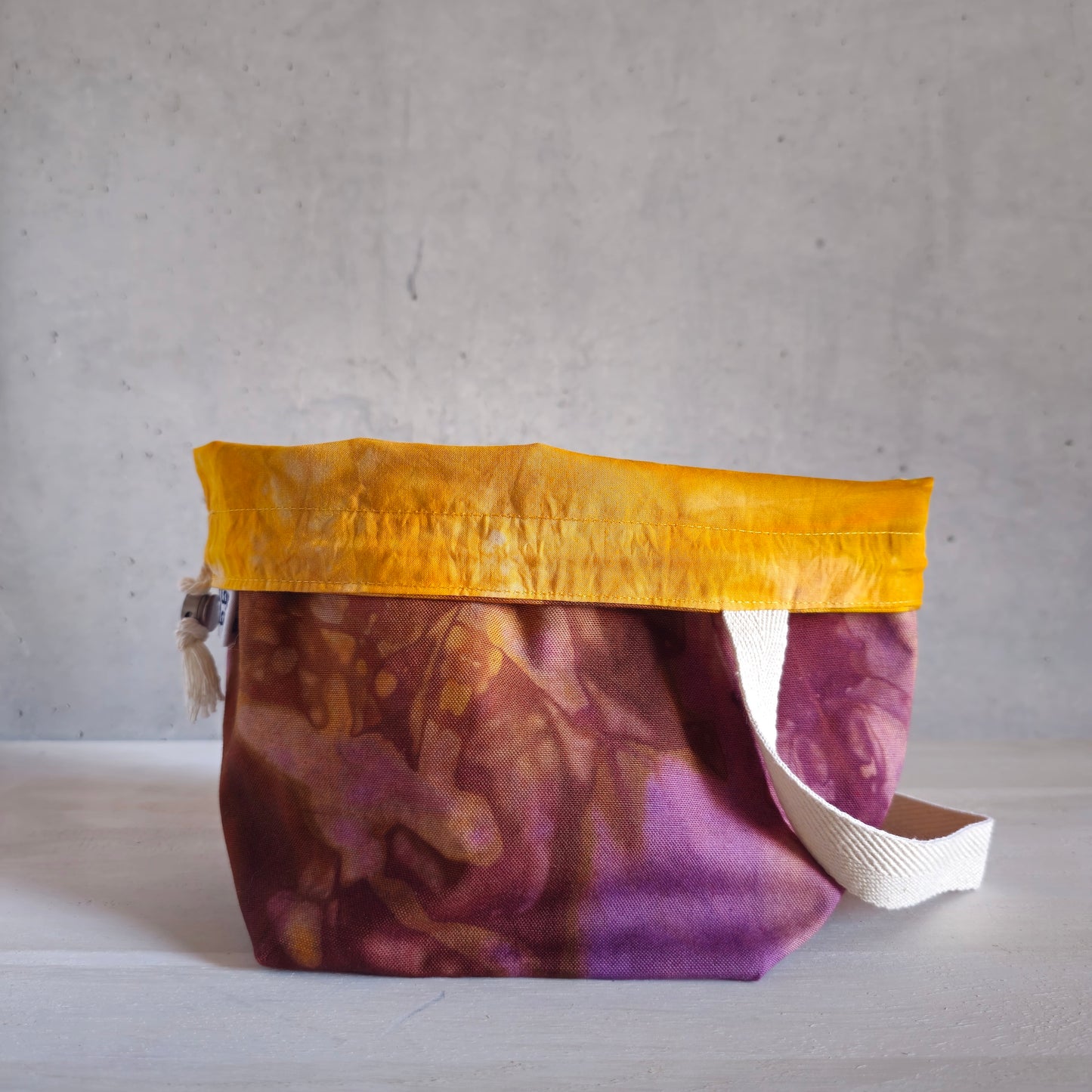 Medium Drawstring Project Bag - Hand dyed, Yellow & Purple-La Cave à Laine