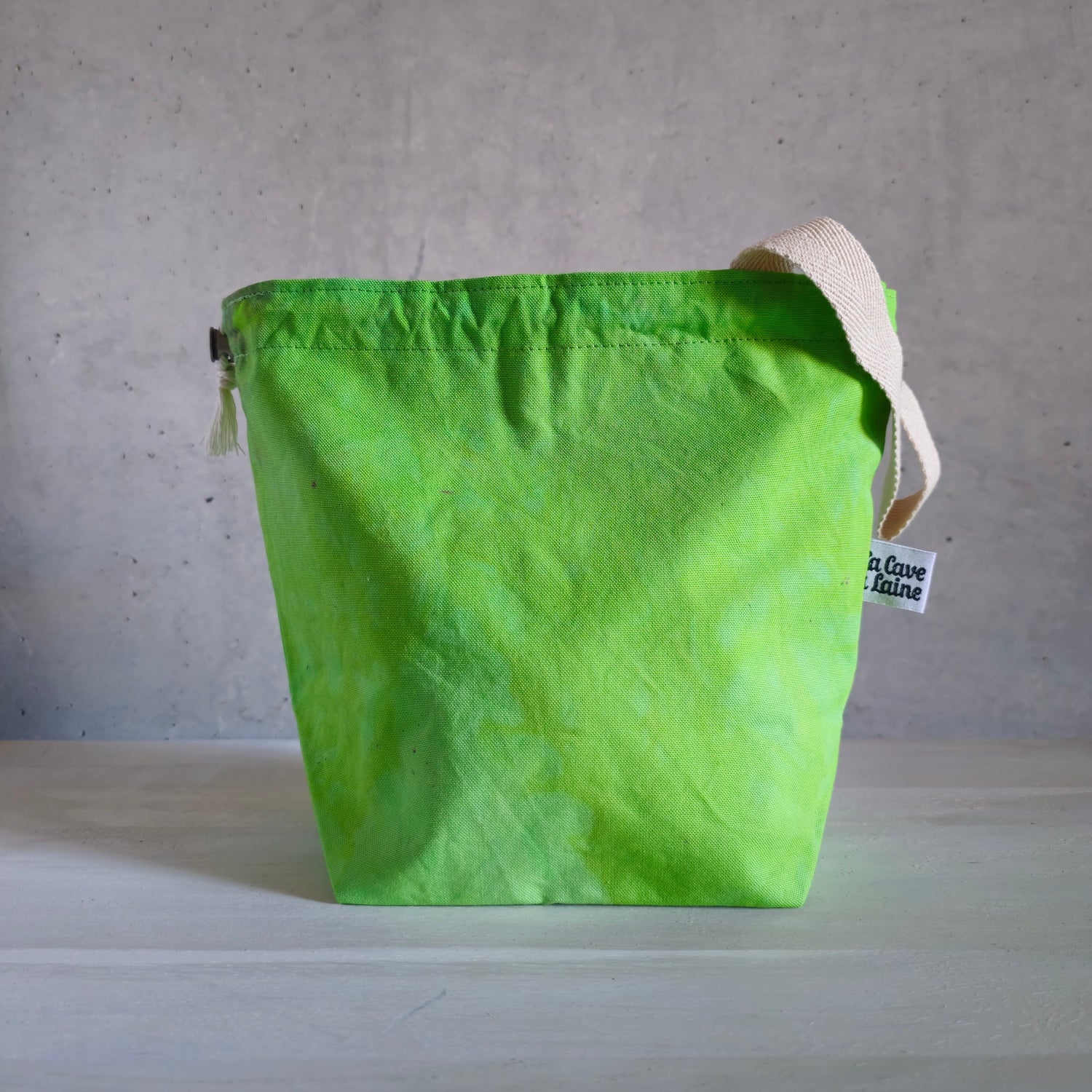 Medium Drawstring Project Bag - Hand dyed, Lime Green & Purple-La Cave à Laine